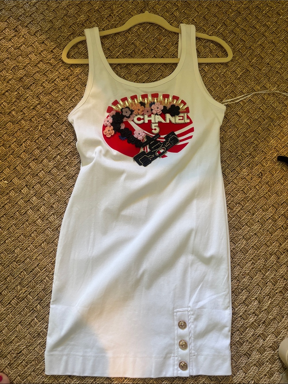 CHANEL White Tank Dress with Red Floral & Gold Embellishment